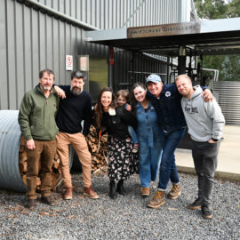 From left to right: Simon, Hurdle Creek Distillery; Hamish, Reed & Co.; Chantal, Kinglake Distillery; Carrie & Hank, Swiftcrest Distillery; Leigh, Backwoods Distillery
