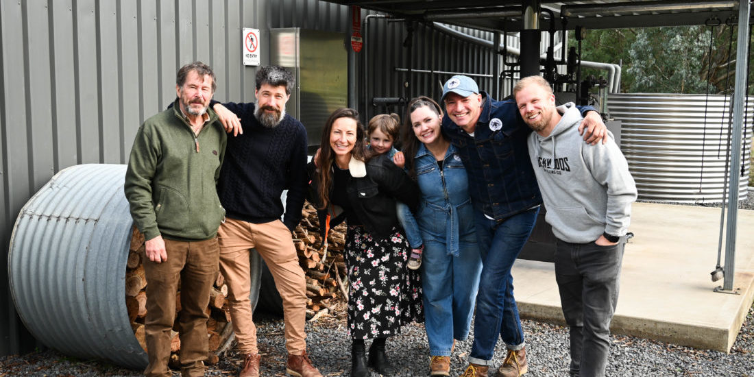 From left to right: Simon, Hurdle Creek Distillery; Hamish, Reed & Co.; Chantal, Kinglake Distillery; Carrie & Hank, Swiftcrest Distillery; Leigh, Backwoods Distillery